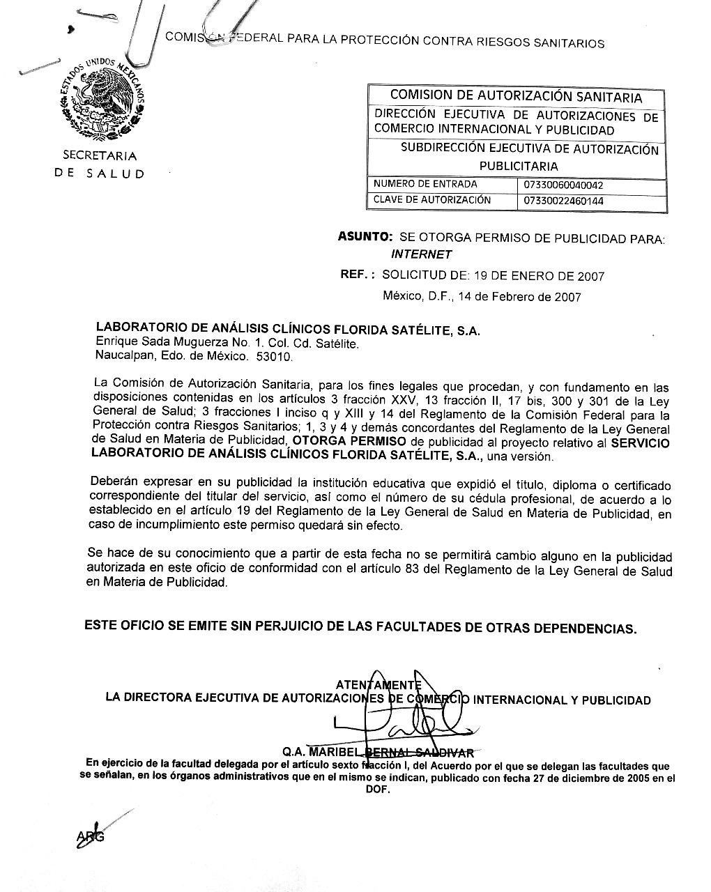 Clave Autorización COFEPRIS 07330022460144